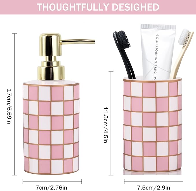 Bathroom Toothbrush Holder Set, Ceramic Checkered Soap Dispenser and Tooth Brush Holder Set, Modern Bathroom Accessories Sets Countertop, Black and White Checkered Bathroom Decor Set (Pink)