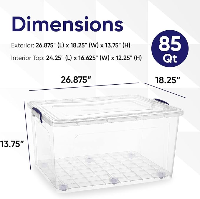 Superio Storage Containers With Wheels (3 Pack), Opaque Clear Stackable Large Storage Containers With Lids, Durable Latches (85 Quart)