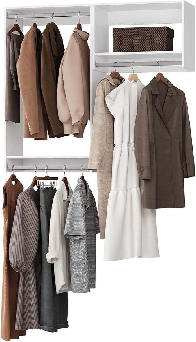ROOMTEC Modular Closet System, 46" Wall-Mounted Closet Organizer with Hanging Rods, Wooden Tower for Walk-In Closets, Wardrobe Storage Kit, White