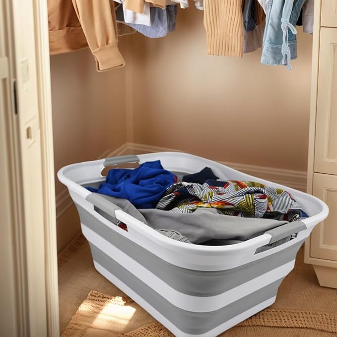 SAMMART 42 (11 Gallons) Collapsible Plastic Laundry Basket, Foldable Pop Up Storage Container/Organizer, Space Saving Hamper, Portable Bin for Dorm Room Bathroom (1, White/Grey)
