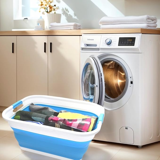 SAMMART 41L (10.8 gallon) Collapsible Plastic Laundry Basket - Foldable Pop Up Storage Container/Organizer - Portable Washing Tub - Space Saving Hamper/Basket (Rectangular, Sky Blue)