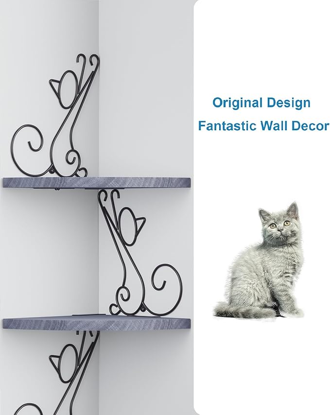 Alsonerbay Wall Mount Corner Shelves 4 Tier Floating Corner Storage Wood Shelves Decorative Rustic Radial Shelf in Cat Shape Weathered Grey