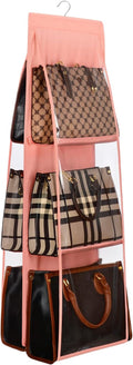 Lirex Medium and Large Handbag Hanging Purse Organizer for Closet, Handbag Storage Organizer Hanger Oxford Cloth Closet Organizer for Family Closet Bedroom, Foldable and Universal Fit, Light Pink