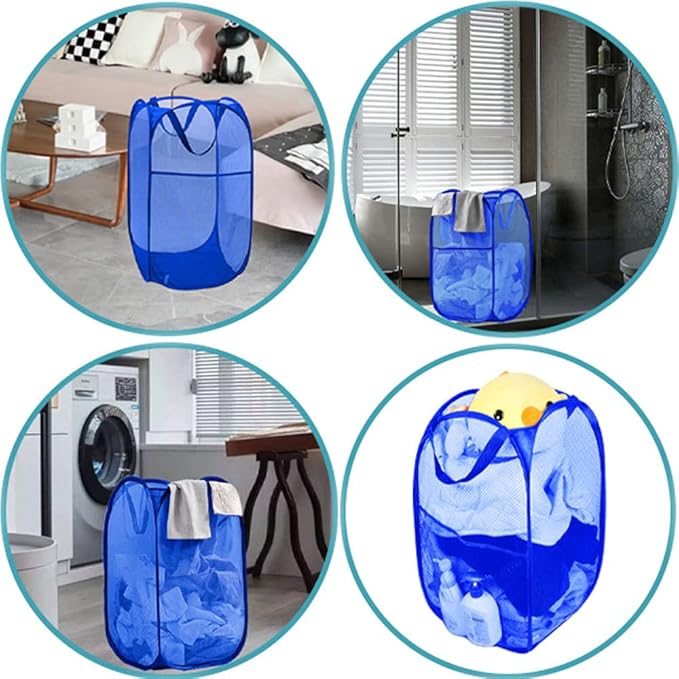 Larpur Mesh Laundry Basket, Pop up Laundry Hamper with Handles, Collapsible Clothes Basket for Travel, College, Dorm, Royal Blue