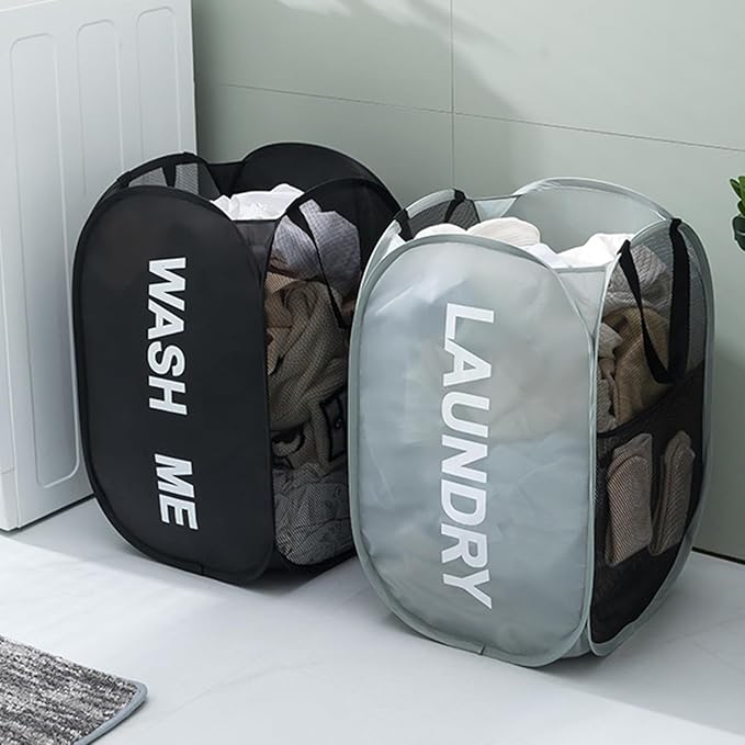 2pcs Pop Up Mesh Laundry Hamper Room Collapsible Storage Bin Lightweight Basket For College Dorm Home Travel Camping (Black & Grey)