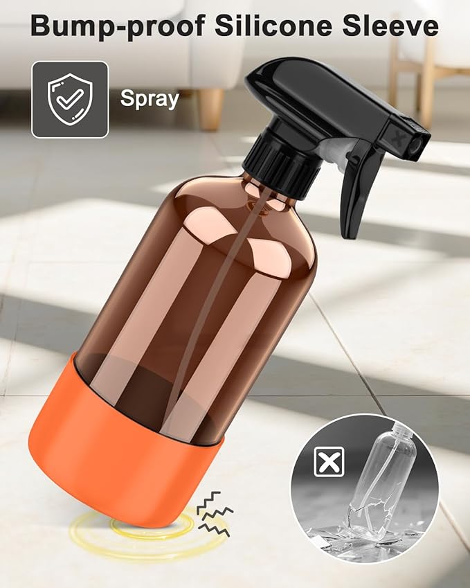 Amber Glass Spray Bottle with Silicone Sleeve Protection, 16 oz Refillable Spray Bottle for Cleaning Solutions, Plants, Aromatherapy, Facial Hydration (Orange Sleeve(Amber Bottle)