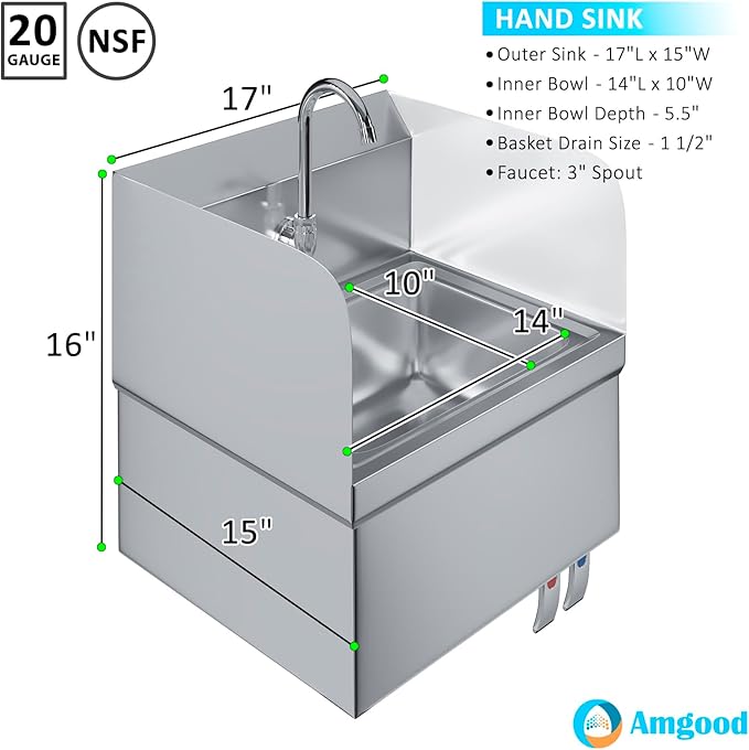 Stainless Steel Wall-Mounted Hand Sink with Hands-Free Double Knee Valves, Faucet, and Side Splash Guards, 17 in x 15 in