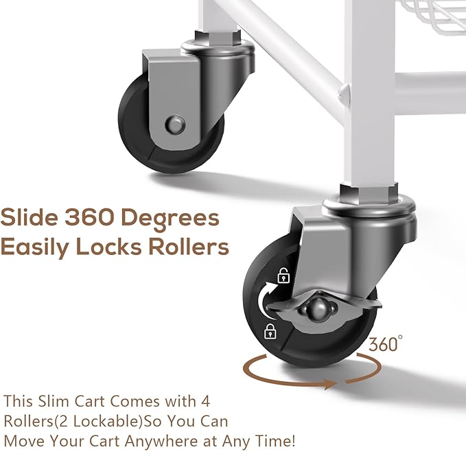4 Tier Slim Rolling Storage Cart with Pull-Out Baskets, Narrow Sliding Storage Slim Laundry Cart Slim Rolling Kitchen Cart