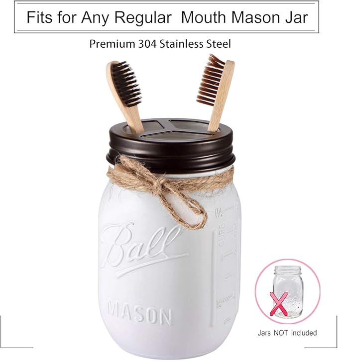 Mason Jar Bathroom Accessories Set(4pcs)- Jars Not Included - Foaming Soap Dispenser,Toothbrush Holder, and Apothecary Storage Jars Lids -Rustic Farmhouse Decor,Brown