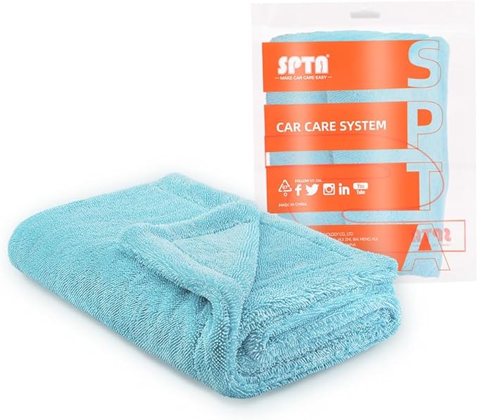 SPTA The Liquid8r - Absorbent 70/30 Blend Microfiber Drying Towel for Cars, Trucks, SUVs, Safe for Detailing + Scratch Free, Twist Loop, 1100gsm, 26.8in x 36.2in, Aqua Blue-MT037