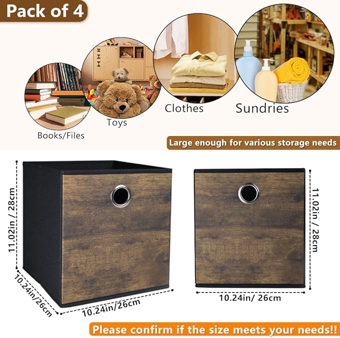 4 Pack Durable Storage Cube Bins with Wood Grain,Thickened Fabric Box,Storage Baskets for Open Shelf,Bookcase,Closet,Storeroom,Bedroom,Living Room,Nursery,Office,Dorm, 10.2x10.2x11in (Small)
