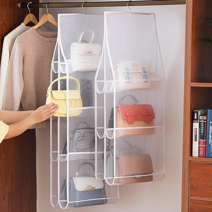 AARAINBOW Hanging Handbag Organizer for Closet, 8-Pocket Purse Storage Holder, Space-Saving Wardrobe Organizer for Women, 44.5" L x 13.5" W (A-White)