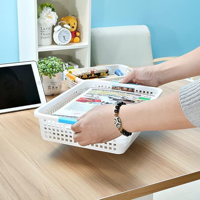 Lawei 8 Pack Large Plastic Storage Basket with Handle - 15 x 10 x 3 Inch Pantry Organizer Basket Bins Desktop Paper Storage Basket for Organization, Countertops, Cabinets, Bedrooms, Bathrooms