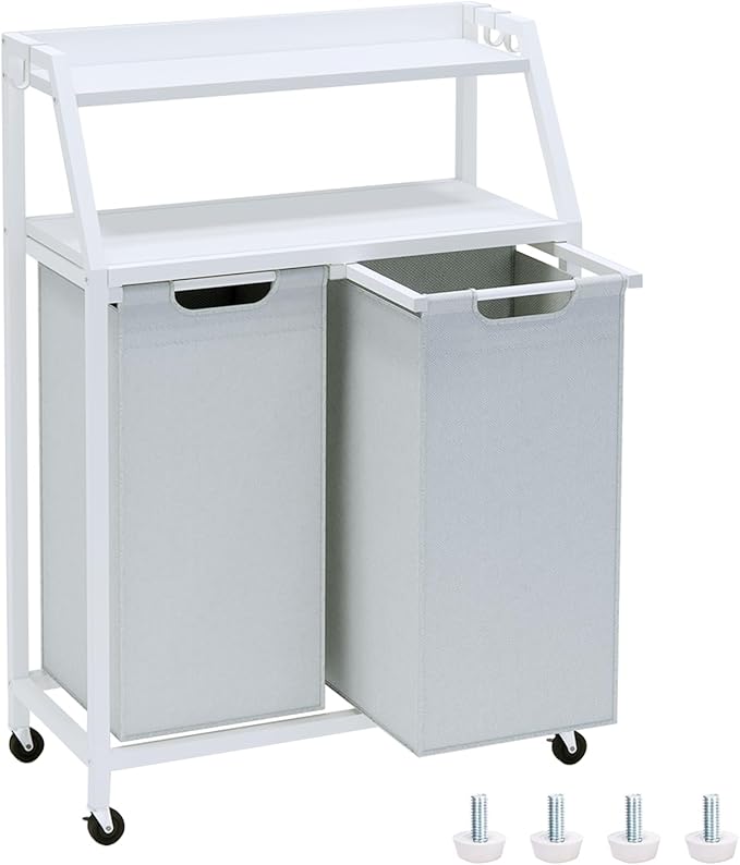 Laundry Hamper, Laundry Sorter 2 Section, Rolling Laundry Basket with Wheels, 2 Shelves, 2 × 14.5 Gal, Pull-Out and Removable Oxford Fabric Bags, for Laundry Room, White and Grey