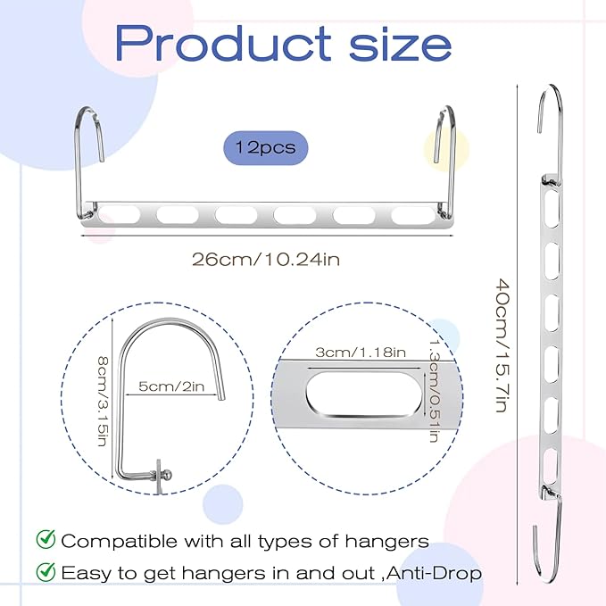 12 PCS Space Saving Hangers for Clothes, Multi Hanger 6 Slots Metal Closet Organizer Hangers Foldable Hanger Organizer Space Saver 360-Degree Rotation for Wardrobe and Dormitory Organization