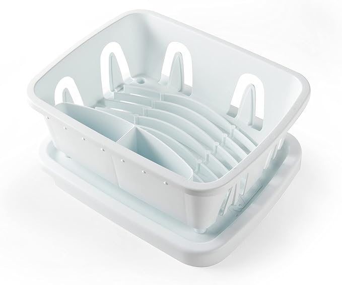 Camco RV Mini Dish Drainer & Tray - Features a Sloped Drain Tray Design, Heavy-Duty Construction - Ideal for Small Spaces, Apartments, Boats, and More -9.5" L x 11.7" W x 4.75" H - White (43511)