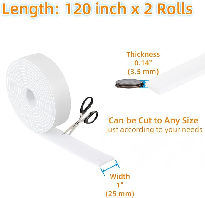 Felt Strips with Adhesive Backing – Furnigear Heavy Duty Cuttable Felt Tape Roll Furniture Pads for Chair Legs - Protecting Hardwood Floors, Chair Wall Protector (White, 120 x 1 x 0.14 Inch)
