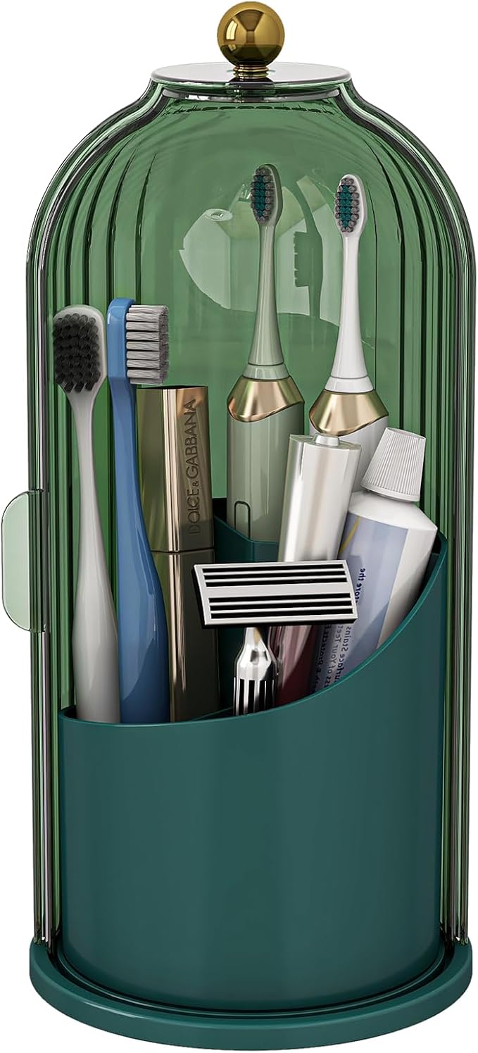 Zufudo Dustproof Toothbrush Holders with Cover, Rotating Electric Toothbrush and Toothpaste Holder for Bathroom Countertop, 3 Slots Makeup Brushes Organizer, All Green