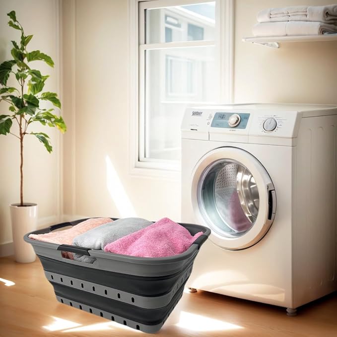 SAMMART 42 (11 Gallons) Collapsible Plastic Laundry Basket, Foldable Pop Up Storage Container/Organizer, Space Saving Hamper, Portable Bin for Dorm Room Bathroom (2, Grey/Black)