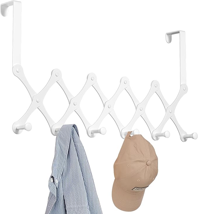 SCUNDA Expands Over The Door Hook Rack, Heavy Duty No Drill Hooks for Bathroom, Bedroom, Kitchen, Closet - Over The Door Hanger for Towels, Robes, Bags, Coats(White)