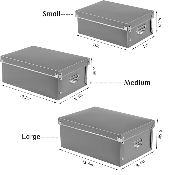 SEEKIND Storage Box, Decorative Storage Bins with Lid,3 in 1 Set,Plastic,with Handles,Press-Stud Fastening,Moisture-Proof,Foldable for Space Saving Storage,for Clothes, Cosmetic,Blankets (Grey) …