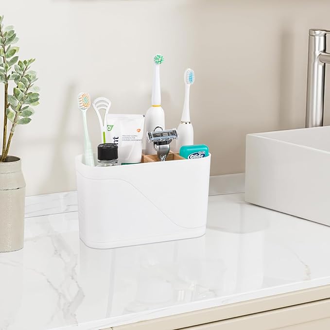 Toothbrush Holders for Bathrooms, Electric Tooth Brush Holder with Bamboo Dividers Kids Toothbrush and Toothpaste Organizer for Bathroom Countertop Accessories Storage, 5 Slots, White