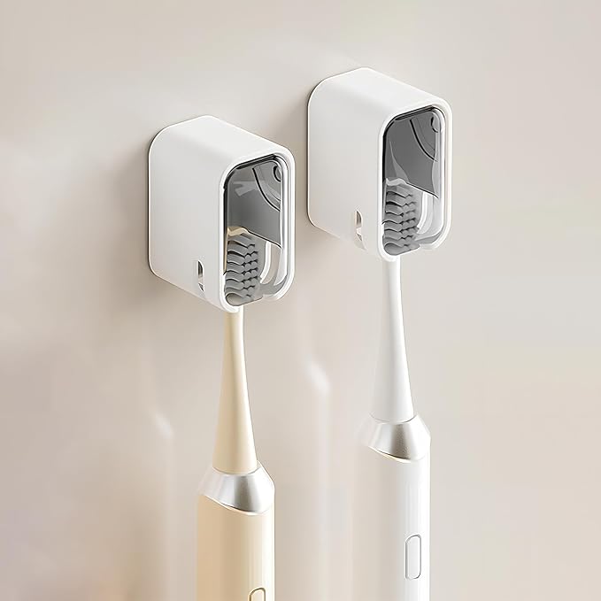 Wall Mounted Toothbrush Holders for Bathroom,Strong Self Adhesive Tooth Brush Holder with Cover, Toothbrush Heads Organizer for Family, 2 Pcs