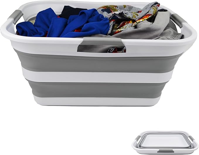 SAMMART 42 (11 Gallons) Collapsible Plastic Laundry Basket, Foldable Pop Up Storage Container/Organizer, Space Saving Hamper, Portable Bin for Dorm Room Bathroom (1, White/Grey)