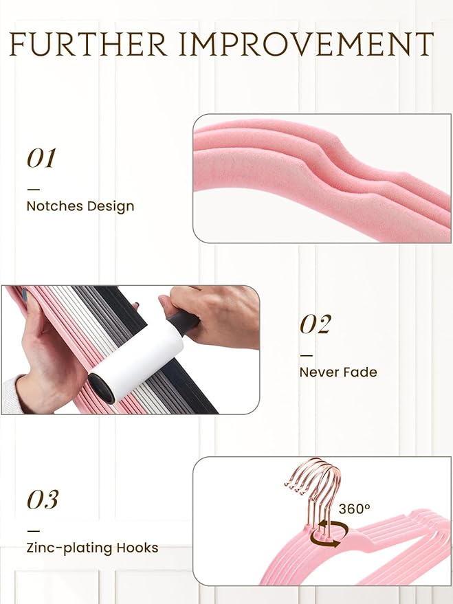 Smartor Pink Velvet Hangers - 50 Pack, Felt Hangers Non Slip Rose Gold Velvet Hangers, Heavy Duty Felt Hanger Flocked Hangers as Coat Hangers, Suit Hangers - Heavy Duty Clothes Hangers Velvet - Pink
