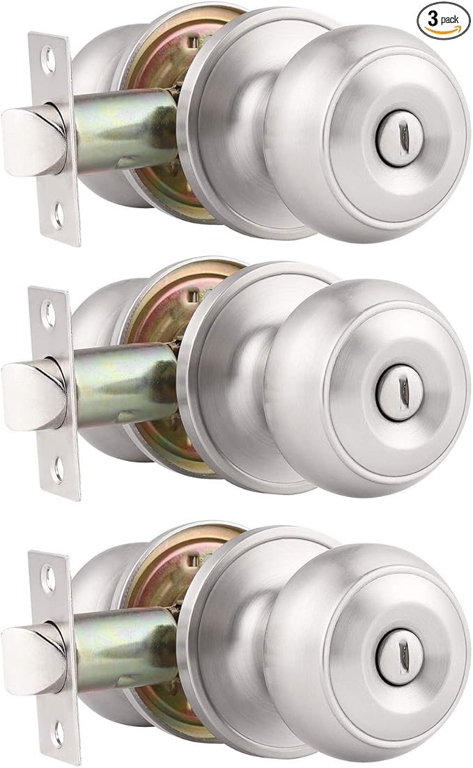 Probrico 3 Pack Round Privacy Door Knob(Thumb Turn Lock on The Inside), Keyless Doorknobs Interior/Exterior Lockset,Privacy Knobs for Bedroom/Bathroom,Satin Nickel Modern Design Door Hardware