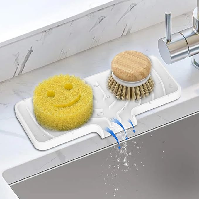 Silicone Sponge Holder for Kitchen Sink With Drain Spout, Self Draining, Kitchen Soap Tray, Bathroom Organizer, Sink Caddy, Perfect for Dispenser, Scrubber, Bottle, Cup on Counter (White, 10×4)