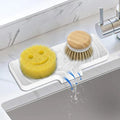 Silicone Sponge Holder for Kitchen Sink With Drain Spout, Self Draining, Kitchen Soap Tray, Bathroom Organizer, Sink Caddy, Perfect for Dispenser, Scrubber, Bottle, Cup on Counter (White, 10×4)