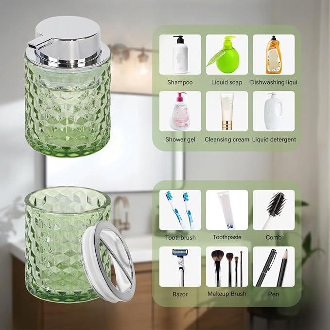 Bathroom Accessories Set, 3pcs Green Glass Bathroom Accessory Set,Toothbrush Holder, Foaming Soap Dispenser and Tumbler, Silver Bathroom Decor Sets for Organizer, Home Apartment Gift