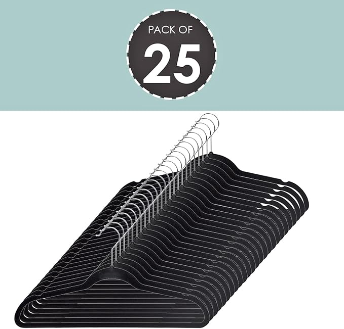 Home Basics Best, Sturdy and Non-Slip Black Steel Indoor Flocked Suit/Clothes Hangers (Pack of 25), 9.25 inches high x 18 inches Wide x 0.25 inches deep