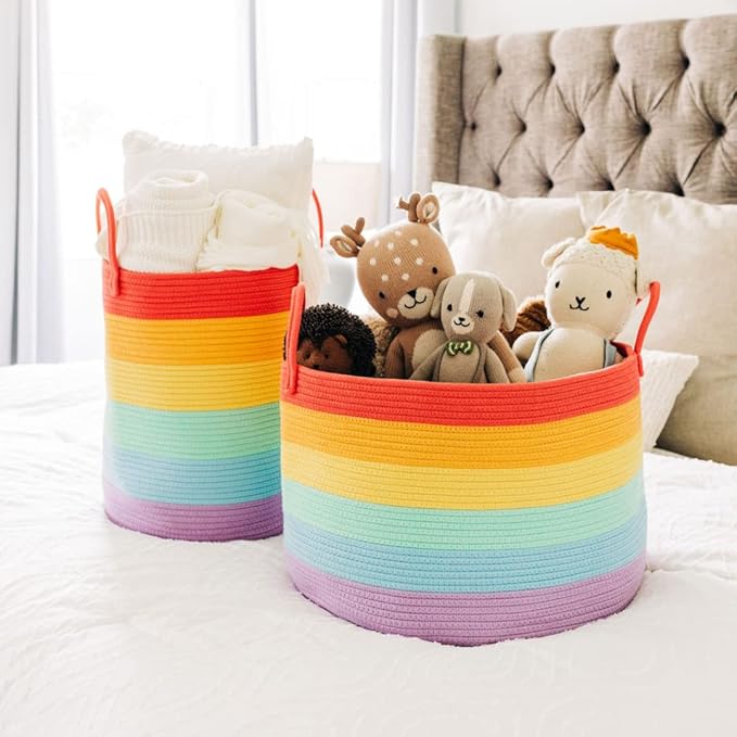OrganiHaus Large Rainbow Woven Laundry Basket w/Handles 52L, Decorative Toy Storage Bin for Nursery, Colorful Blanket Basket for Playroom, Baby Laundry Hamper, Fun Kids Room Decor Organizer