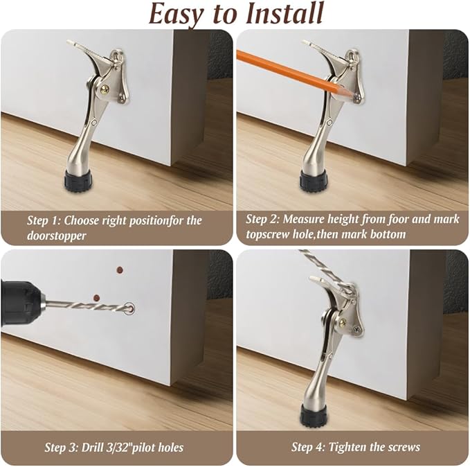 Kickdown Door Stopper 4Inches - One Packs One Touch Adjustable Height Door Stop for The Bottom of Door The Bottom of Door Aluminum Alloy Metal Door Stopper with Rubber Tip Satin Nickel