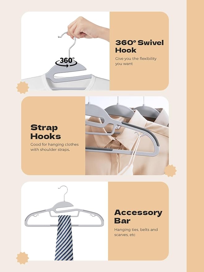 HOUSE DAY Grey Plastic Hangers 50 Pack, Slim Space Saving, Non Slip Hangers with Rubber Pads, Sturdy Heavy Duty Coat Hanger for Closet, S-Shaped Clothes Hanger for Shirt, Suit, Pant, Skirt
