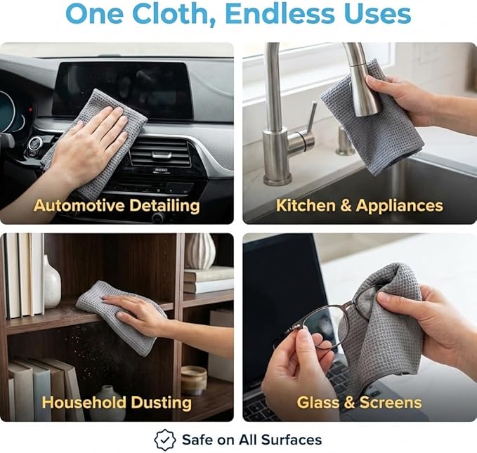 Waffle Weave Microfiber Cloths - 12 x 12 inches - Lint Free Cloth, Streak-Free Absorbent Microfiber Glasses Cleaning Cloth, Screens, Dusting & Appliances - 12 Pack Premium Cloth Wipes