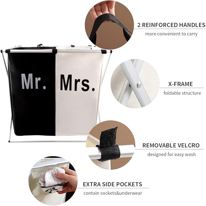 Nicesail Laundry Hamper 2 Section for Husband&Wife Parents or Couple, Clothes Basket Laundry Wedding Gift, Washing Storage Basket with Handle, Waterproof Bag Foldable Aluminum Frame Bathroom Bedroom