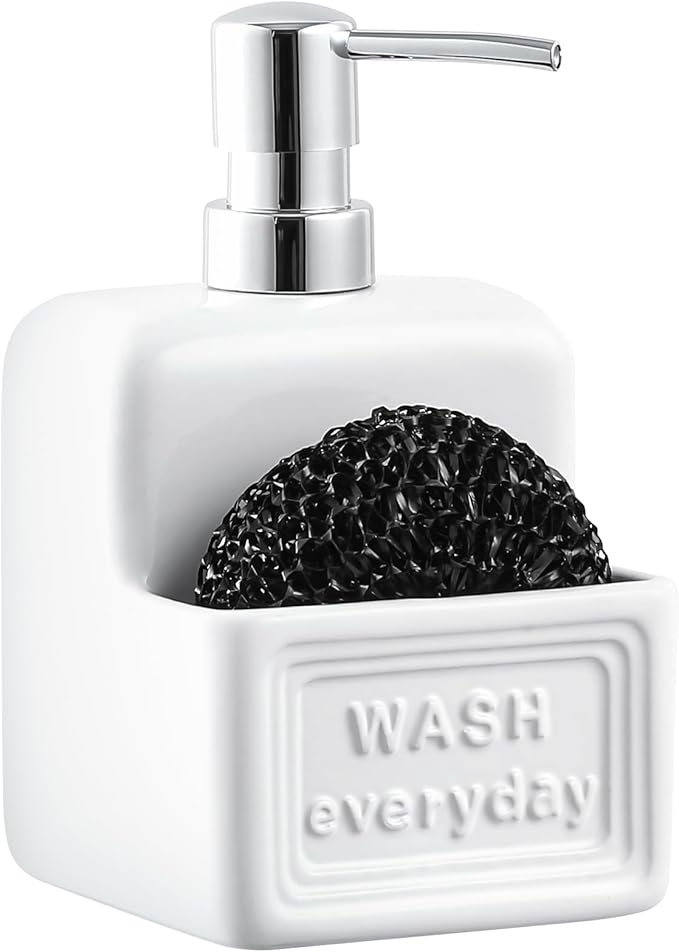 Soap Dispenser with Sponge Holder Ceramic Hand and Dish Soap Dispenser 15oz for Kitchen Bathroom