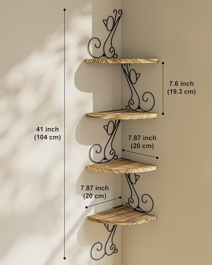 Alsonerbay Wall Mount Corner Shelves 4 Tier Floating Corner Storage Wood Shelves Decorative Rustic Radial Shelf in Cat Shape Carbonized Black