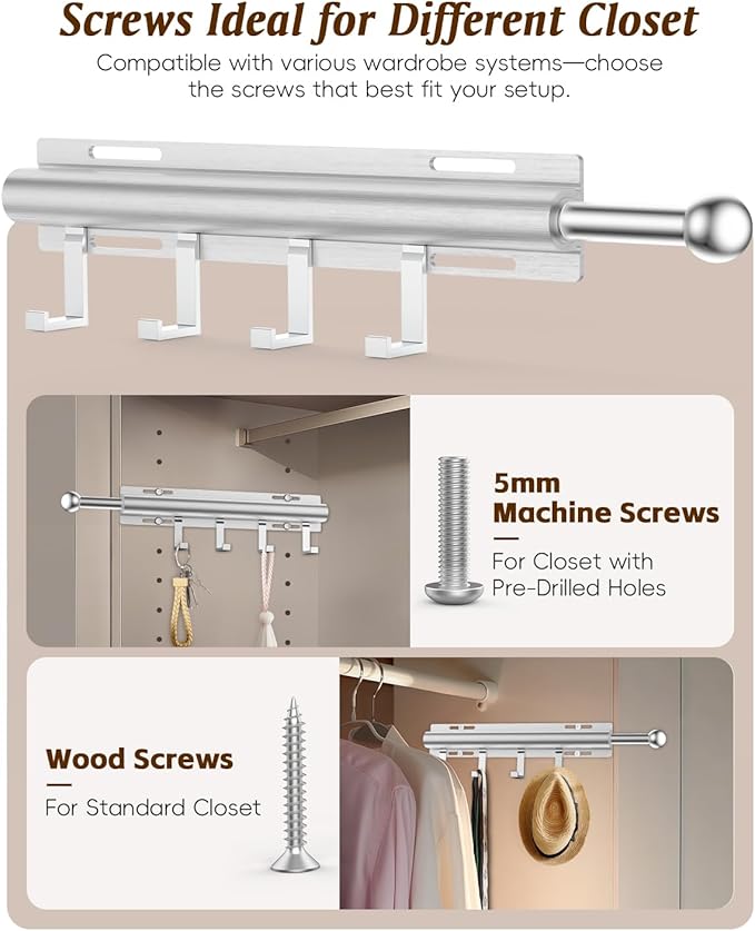 Valet Rod for Closets, 12" Valet Rod With 4 Large Hooks, Closet Organizer Slide Out Clothing Hanger Rods Extender Perfect for Suits,Dresses,Belt,Tie, Polished Chrome