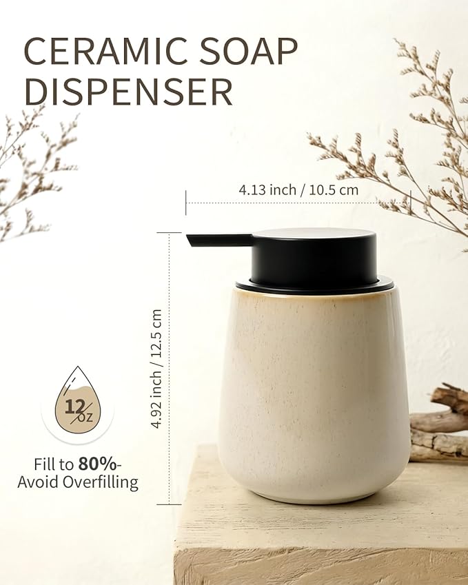 BosilunLife Hand Soap Dispenser - Ceramic Dish Soap Dispenser for Bathroom 12ounce Refillable Liquid Hand Wash Dispenser for Essential Oil, Lotion Soap, Greige with Speckle