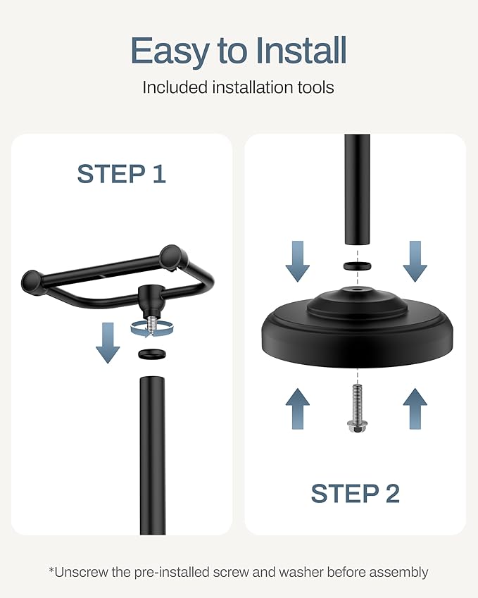 KALLYNB Freestanding Toilet Paper Holder Stand - Rustproof 304 Stainless Steel with Heavy Duty Weighted Base (4.8lbs), 22" Height Pivot Arm Tissue Roll Dispenser, Fits Mega Rolls - Matte Black