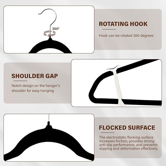 Premium Velvet Hangers 50 Pack, Non-Slip Flocked Felt Hangers, Sturdy Clothes Hangers with 360° Rotatable Hook, Heavy Duty Coat Hanger, Durable Slim Hanger for Closet Space Saving.