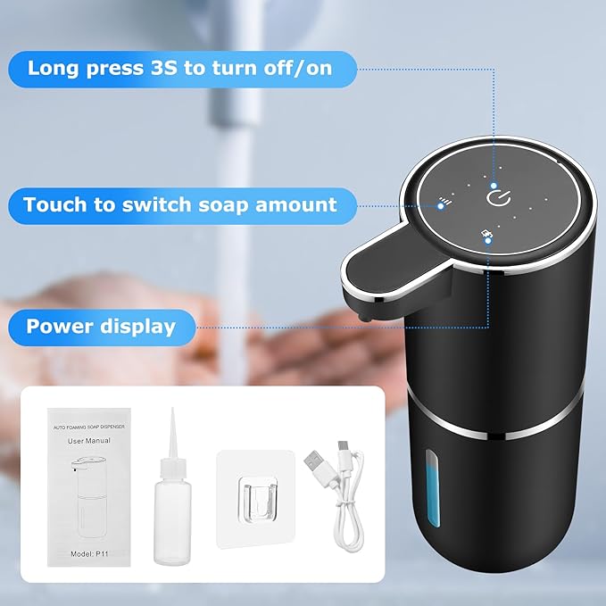 Automatic Foaming Soap Dispenser,Touchless Soap Dispenser with 4 Adjustable Foam Levels,Wall Mounted and USB Rechargeable,12.8oz Large Capacity for Bathroom,Kitchen Sink,Dish Soap(Black)