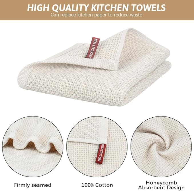 Nialnant 6 Pack Kitchen Towels,100% Cotton Waffle Weave Dish Towels for Drying Dishes,Extra Soft & Absorbent Hand Towels-13 x 28 Inch,Beige