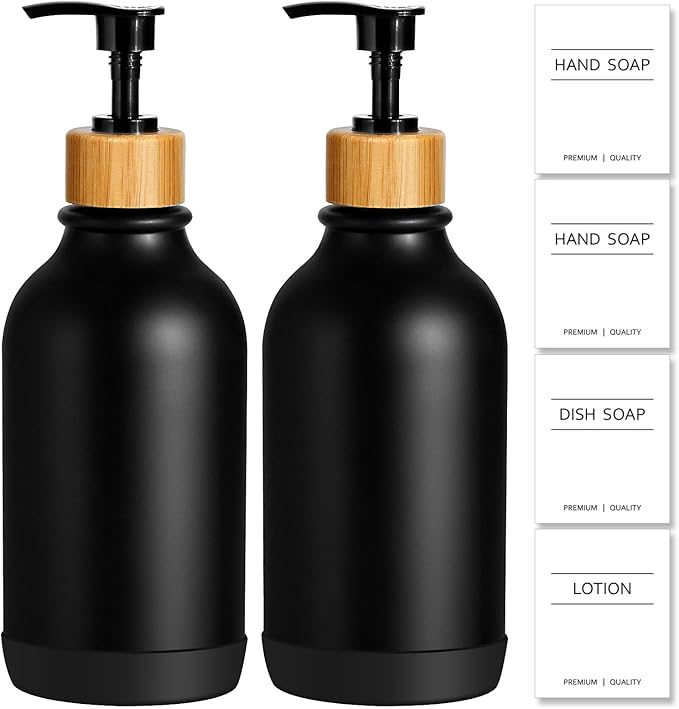 Hand Soap Dispenser Bathroom with Anti-Slip Silicone Boot, Black Dish Soap Dispenser for Kitchen, 2 Pack 17 Fl Oz Plastic Hand and Dish Soap Dispensers Set with Bamboo Pump