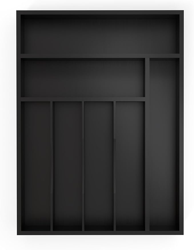 Bamboo Silverware Organizer, Kitchen Drawer Organizer, Utensil Holder, Cutlery Tray & Spoon Flatware Storage with Grooved Drawer Dividers (7 Slots, Black)