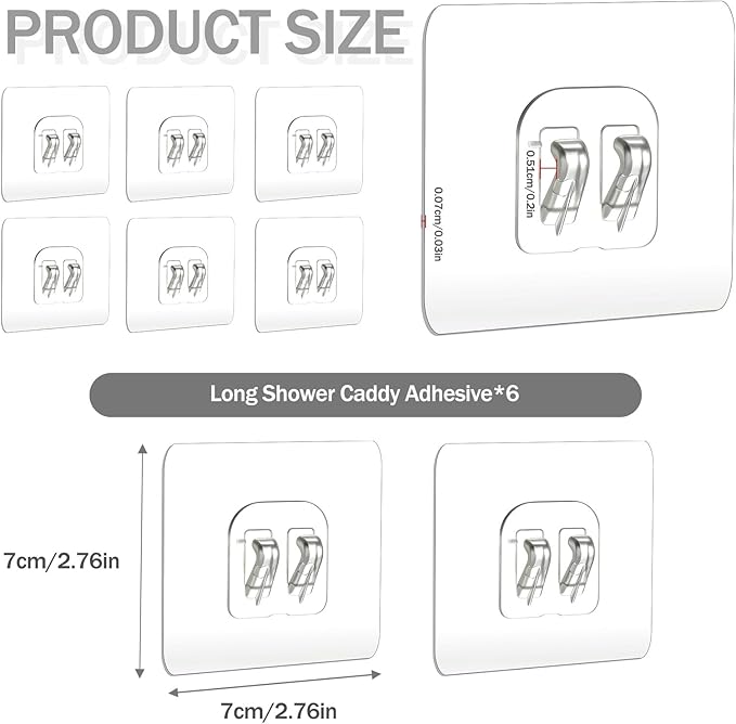 6PCS Shower Caddy Adhesive Replacement, Strong Transparent Adhesive Hooks, No Drilling Shower Shelf, Waterproof Showers Adhesives Strip, Ad-Hesive Hook for Showers